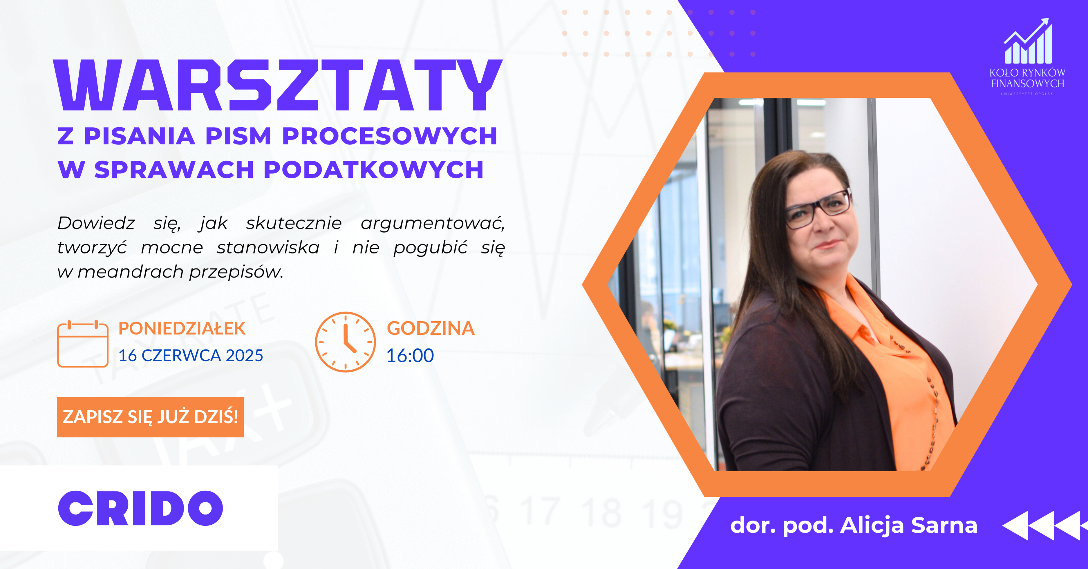 WARSZTATY Z PISANIA PISM PROCESOWYCH W SPRAWACH PODATKOWYCH - ulotka